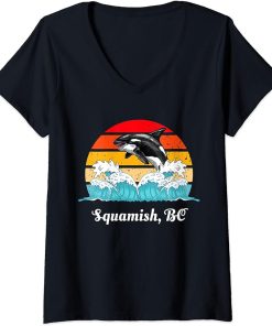 Womens Vintage Squamish BC Distressed Orca Killer Whale Art V-Neck T-Shirt