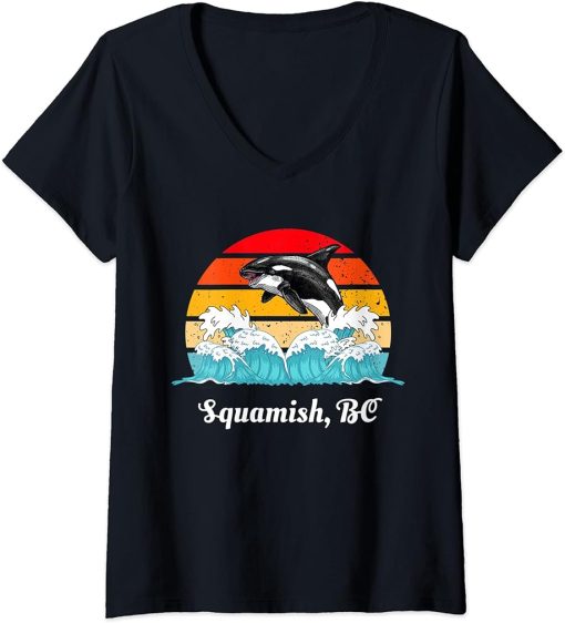 Womens Vintage Squamish BC Distressed Orca Killer Whale Art V-Neck T-Shirt