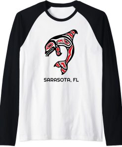 Sarasota FL Native American Indian Orca Killer Whales Raglan Baseball Tee