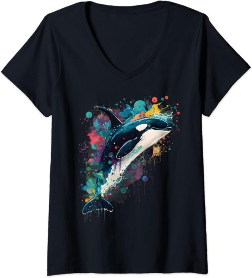 Womens Colourful mystical orca whale watching dolphin pottwhale orca whale V-Neck T-Shirt