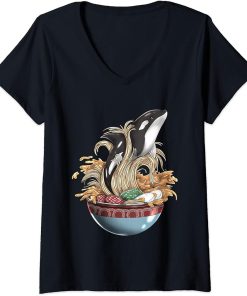 Womens Killer Whale Orca Ramen Noodle Japanese Harajuku Food V-Neck T-Shirt