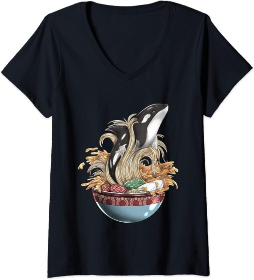 Womens Killer Whale Orca Ramen Noodle Japanese Harajuku Food V-Neck T-Shirt