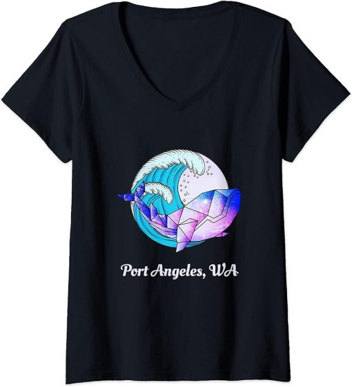 Womens Port Angeles WA Japanese Paint Geometric Orca Killer Whale V-Neck T-Shirt