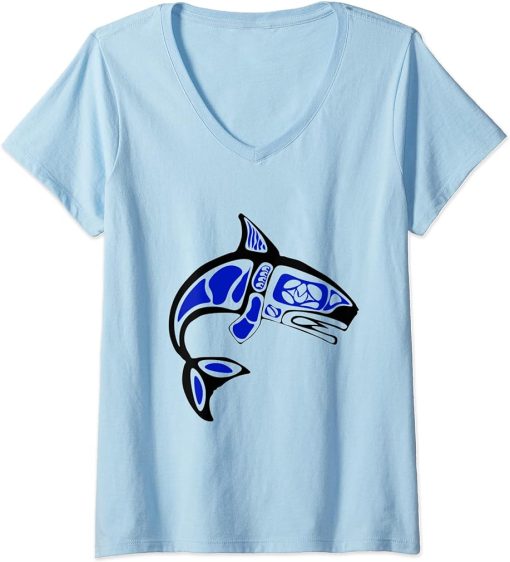 Womens Killer Whale Graphic Orca Pacific Style Gift For Whale Lover V-Neck T-Shirt