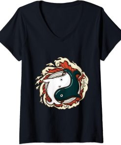 Womens Children orcas whale orca yin and yang animal motif V-Neck T-Shirt