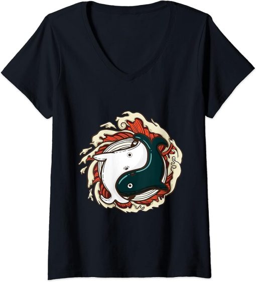 Womens Children orcas whale orca yin and yang animal motif V-Neck T-Shirt