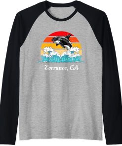 Torrance CA Distressed Orca Killer Whale Art Raglan Baseball Tee