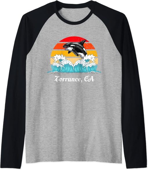 Torrance CA Distressed Orca Killer Whale Art Raglan Baseball Tee