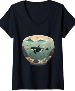 Womens Orca Whale in Fish Bowl Orca in Aquarium Free The Orcas V-Neck T-Shirt