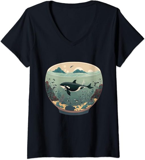 Womens Orca Whale in Fish Bowl Orca in Aquarium Free The Orcas V-Neck T-Shirt