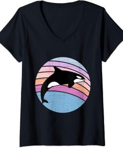 Womens Orca Whale Retro Beach Vintage Sunset V-Neck T-Shirt