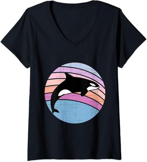 Womens Orca Whale Retro Beach Vintage Sunset V-Neck T-Shirt